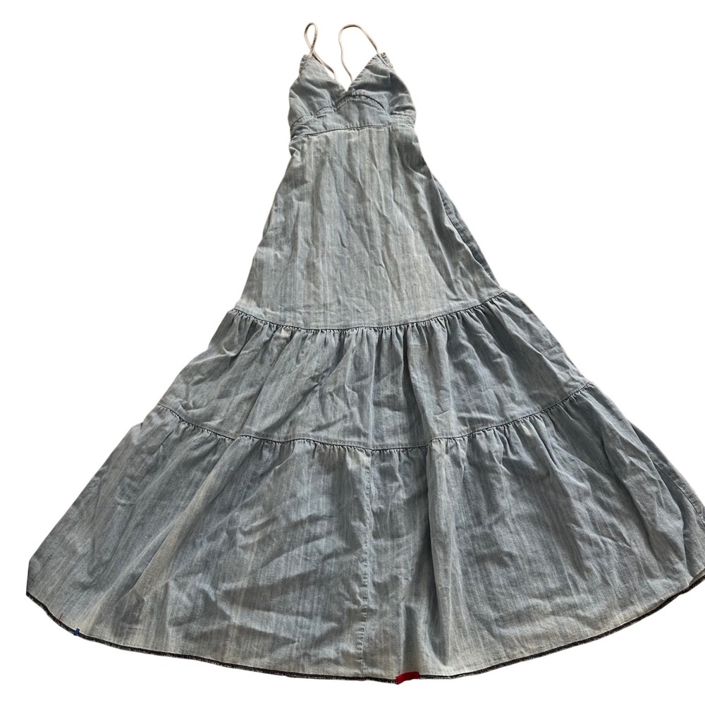 Wildfox Blue Chambray Tiered Maxi Dress XS Light Wash Cotton Smocked Back